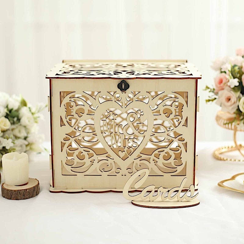 Laser Cut Wooden Mr & Mrs Wedding Gift Card Box with Sign Stand - Natural WED_RCPT_SIGN_WOD03_NAT
