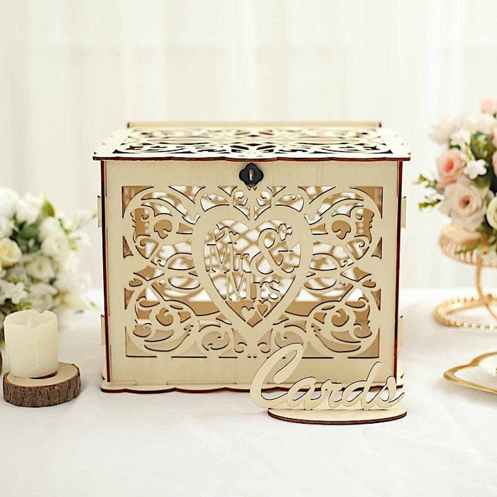 Laser Cut Wooden Mr & Mrs Wedding Gift Card Box with Sign Stand - Natural WED_RCPT_SIGN_WOD03_NAT