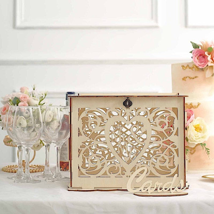 Laser Cut Wooden Mr & Mrs Wedding Gift Card Box with Sign Stand - Natural WED_RCPT_SIGN_WOD03_NAT
