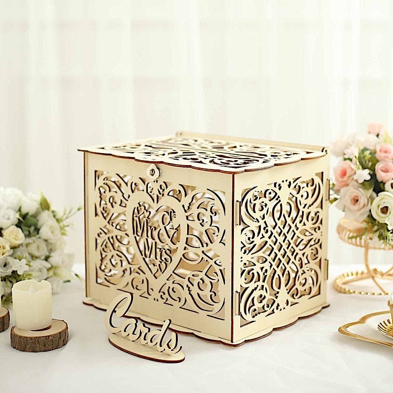 Laser Cut Wooden Mr & Mrs Wedding Gift Card Box with Sign Stand - Natural WED_RCPT_SIGN_WOD03_NAT
