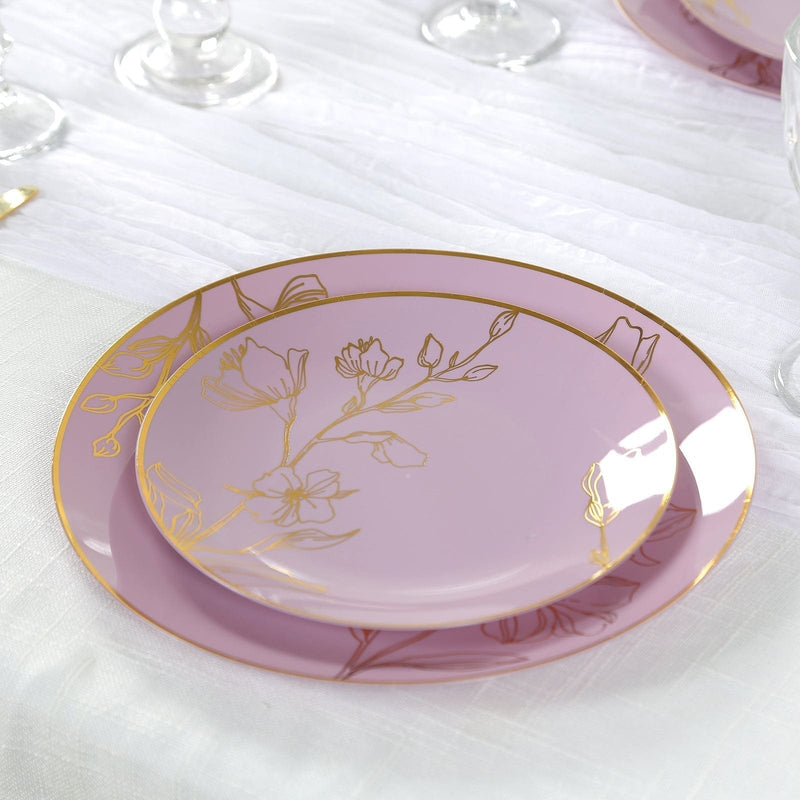 20 Round Plastic Salad Dinner Plates with Gold Floral Design - Disposable Tableware