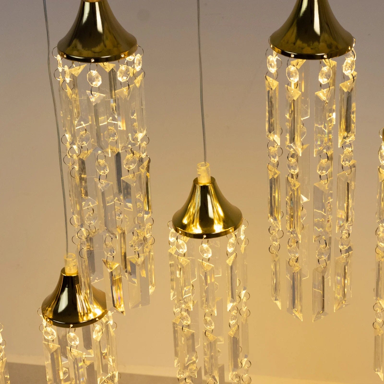 LED Crystal String Lights with Bell Metal Frame and Hanging Pendants - Gold and Clear LEDSTR_ACRY_002_CLR