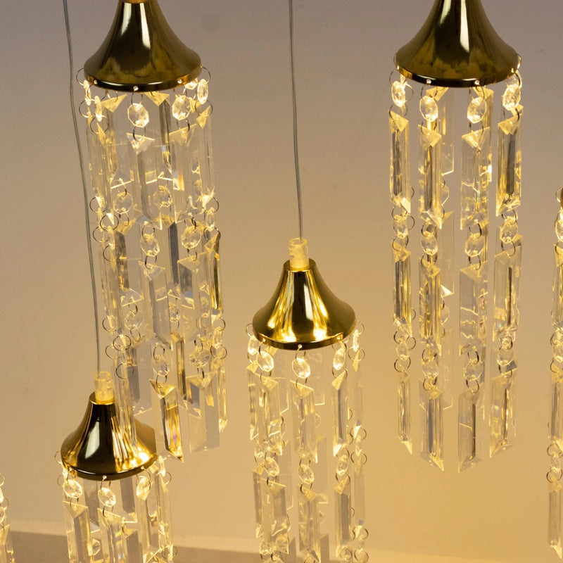 LED Crystal String Lights with Bell Metal Frame and Hanging Pendants - Gold and Clear LEDSTR_ACRY_002_CLR