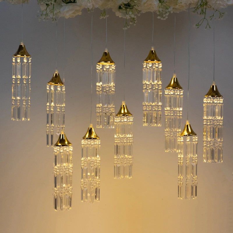 LED Crystal String Lights with Bell Metal Frame and Hanging Pendants - Gold and Clear LEDSTR_ACRY_002_CLR