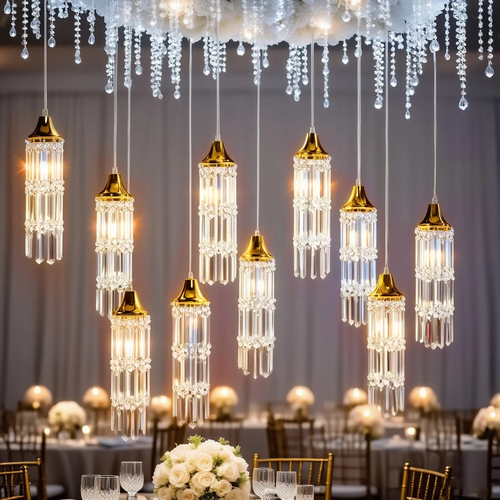 LED Crystal String Lights with Bell Metal Frame and Hanging Pendants - Gold and Clear LEDSTR_ACRY_002_CLR