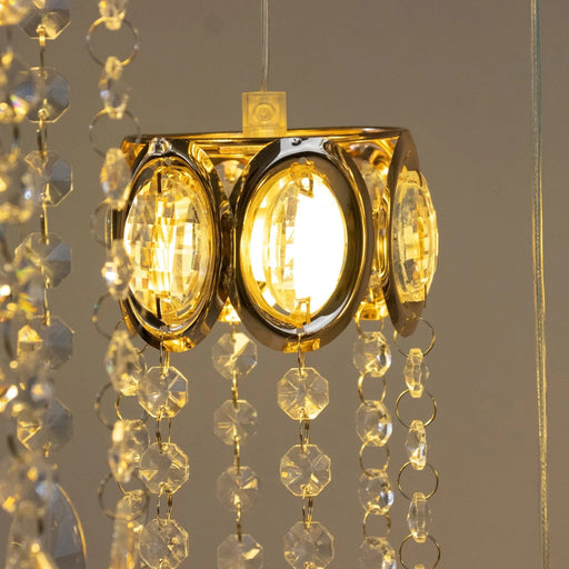 LED Crystal String Lights with Oval Metal Frame and Hanging Pendants - Gold and Clear LEDSTR_ACRY_001_CLR
