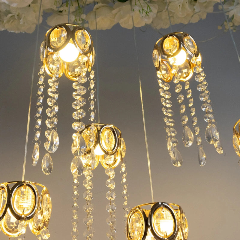 LED Crystal String Lights with Oval Metal Frame and Hanging Pendants - Gold and Clear LEDSTR_ACRY_001_CLR