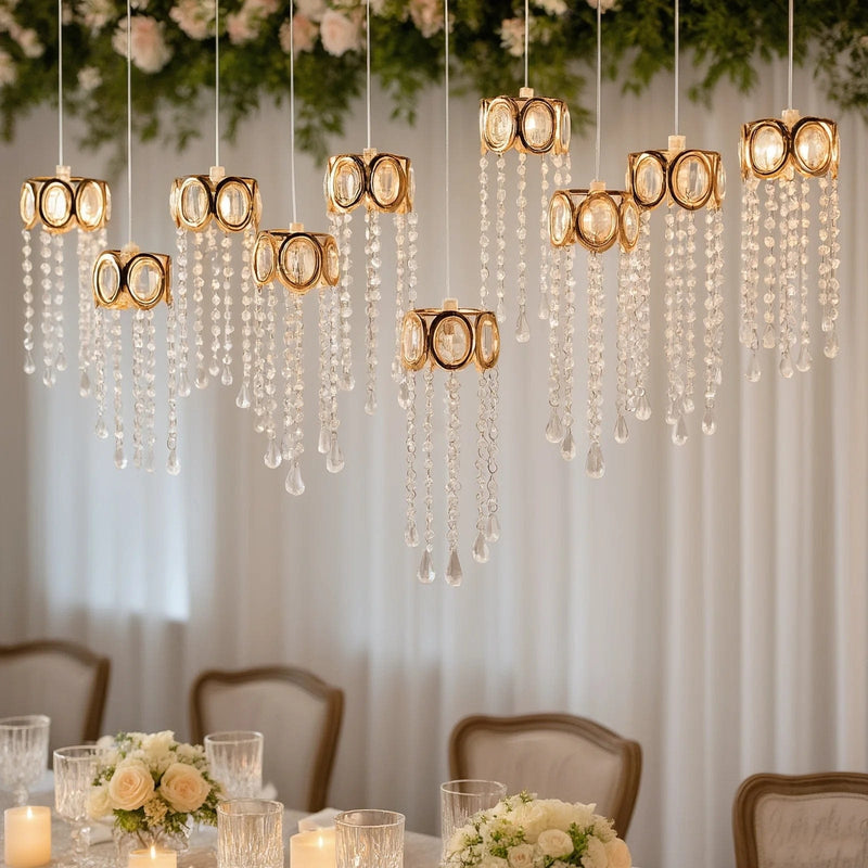 LED Crystal String Lights with Oval Metal Frame and Hanging Pendants - Gold and Clear LEDSTR_ACRY_001_CLR