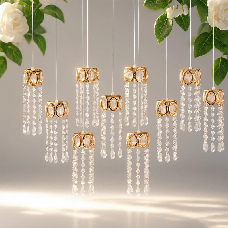 LED Crystal String Lights with Oval Metal Frame and Hanging Pendants - Gold and Clear LEDSTR_ACRY_001_CLR