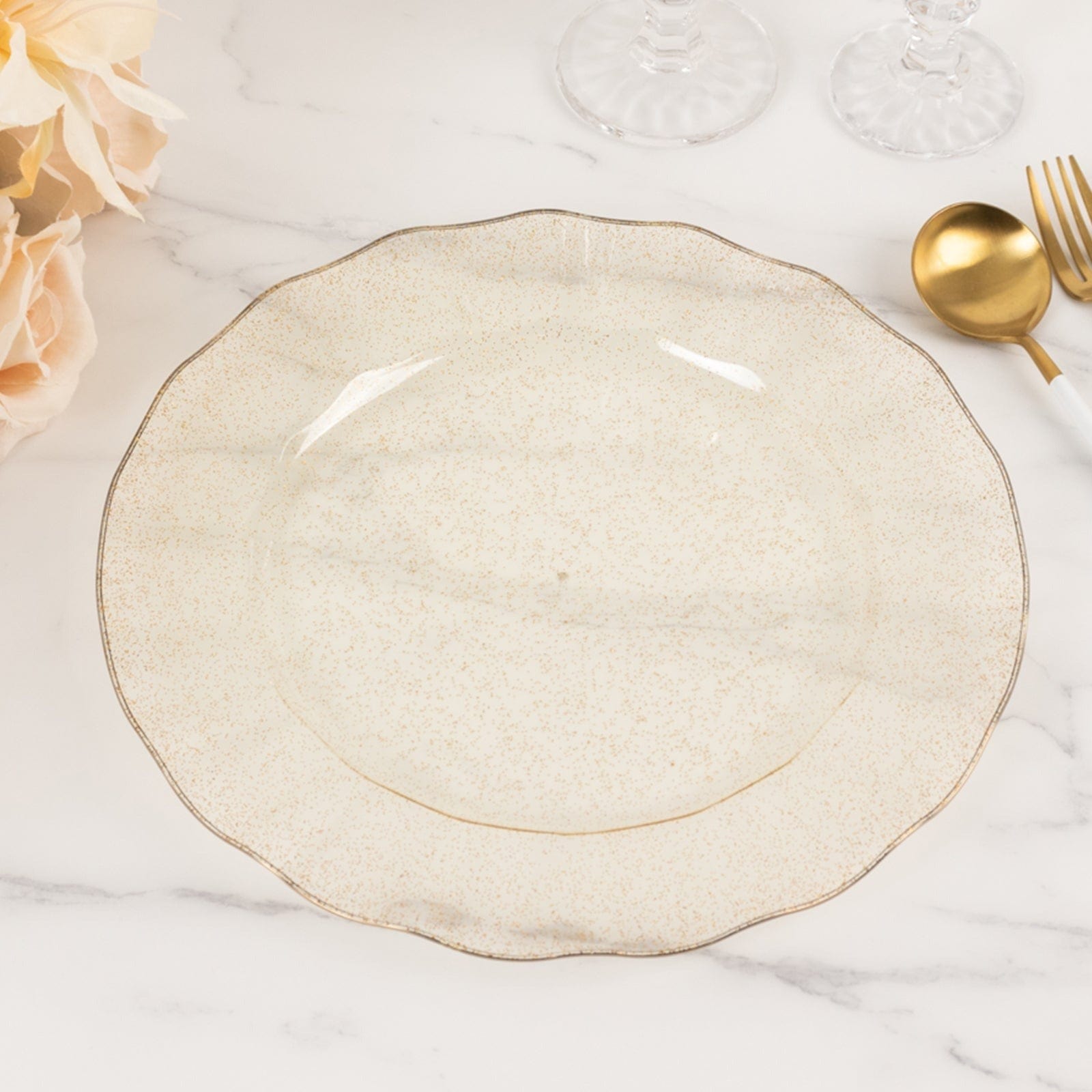 10 Round Plastic Salad Dinner Plates with Gold Wavy Rim - Disposable Tableware