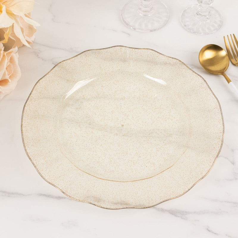 10 Round Plastic Salad Dinner Plates with Gold Wavy Rim - Disposable Tableware