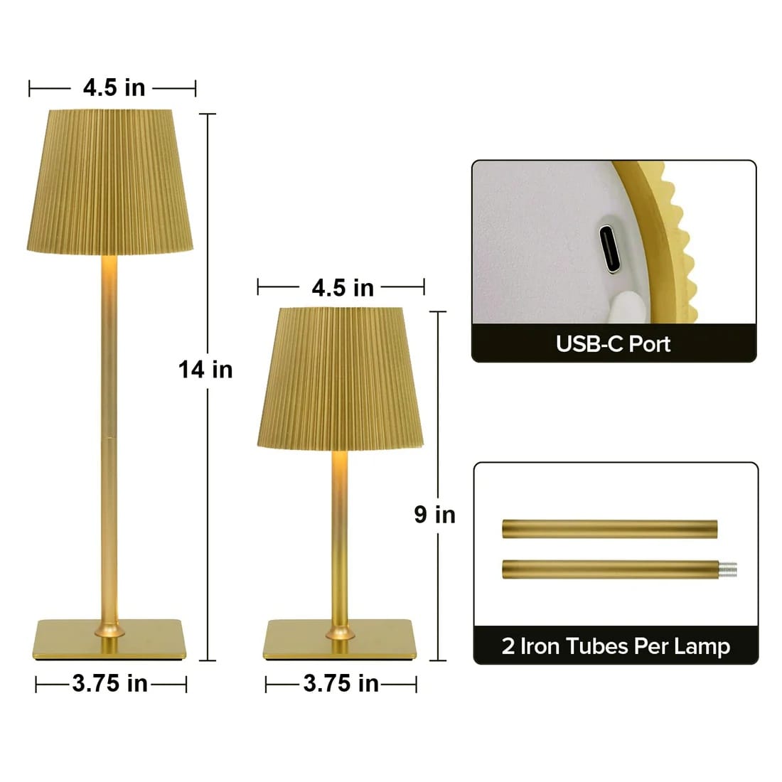 Metal Rechargeable Adjustable Height LED Table Lamp with Ribbed Shade - Gold LED_MET_LAMP04_GOLD