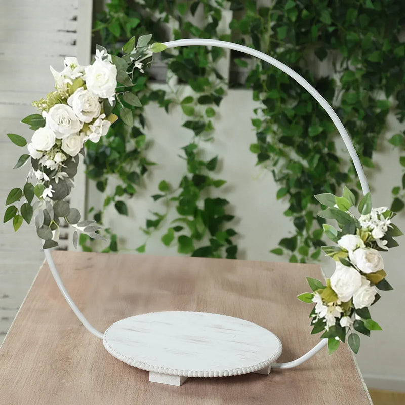 Metal Round Floral Hoop Cake Stand with Beaded Wooden Base - Whitewash CAKE_STND_HOPRD02_20_WHT