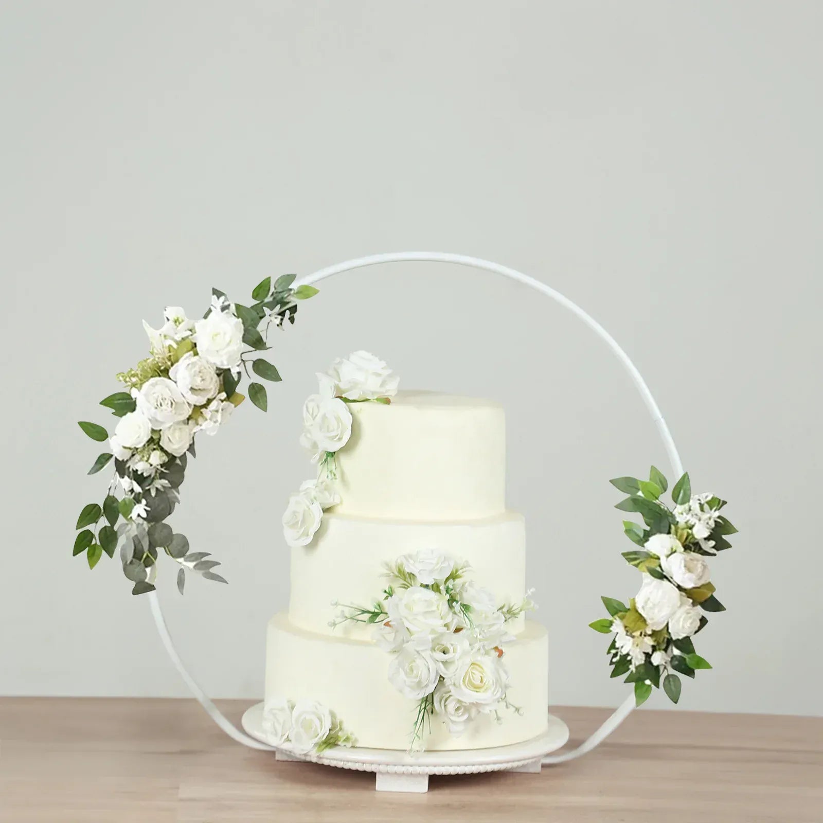 Metal Round Floral Hoop Cake Stand with Beaded Wooden Base - Whitewash CAKE_STND_HOPRD02_20_WHT