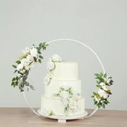 Metal Round Floral Hoop Cake Stand with Beaded Wooden Base - Whitewash CAKE_STND_HOPRD02_20_WHT
