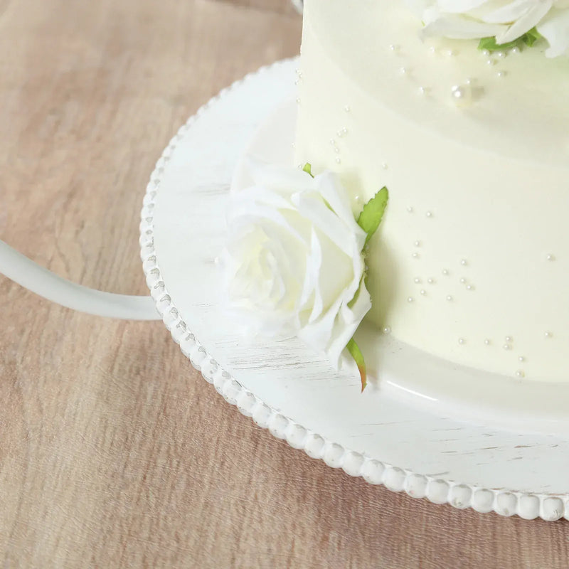 Metal Round Floral Hoop Cake Stand with Beaded Wooden Base - Whitewash CAKE_STND_HOPRD02_20_WHT