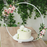 Metal Round Floral Hoop Cake Stand with Beaded Wooden Base - Whitewash CAKE_STND_HOPRD02_20_WHT
