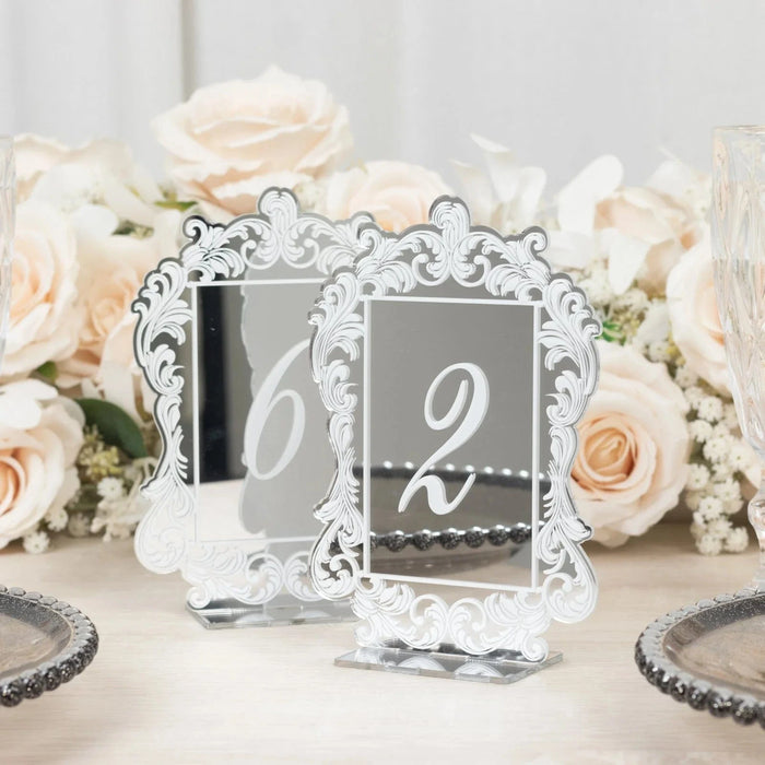 Mirror Arch Acrylic with Baroque Lace Border Table Numbers 1-10 FAV_BOARDTN_ACRY02_5X7_SILV1