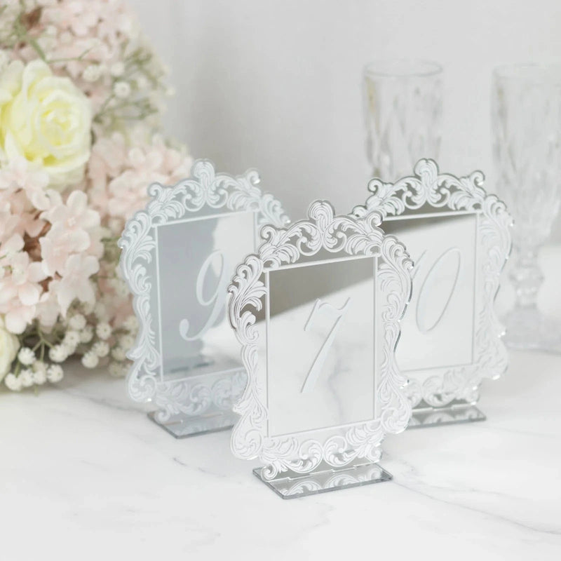 Mirror Arch Acrylic with Baroque Lace Border Table Numbers 1-10 FAV_BOARDTN_ACRY02_5X7_SILV1