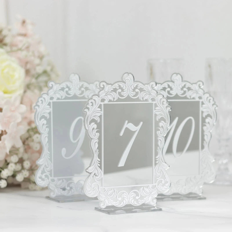 Mirror Arch Acrylic with Baroque Lace Border Table Numbers 1-10 FAV_BOARDTN_ACRY02_5X7_SILV1