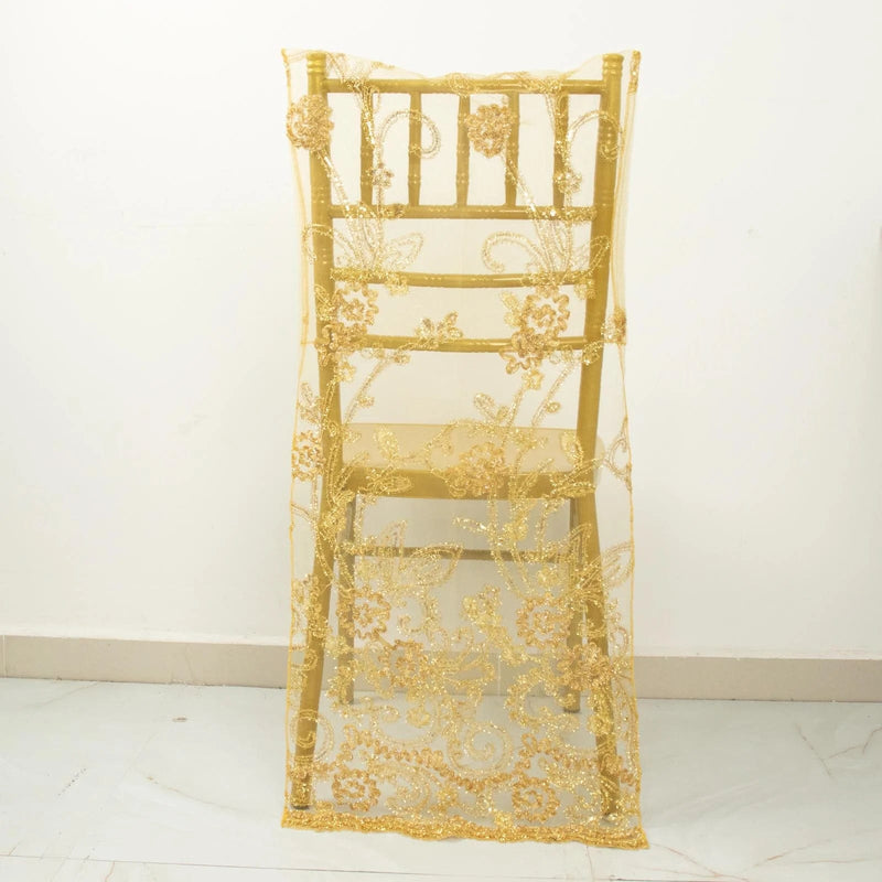 Organza Floral Sequin Embroidered Chair Slipcover - Gold