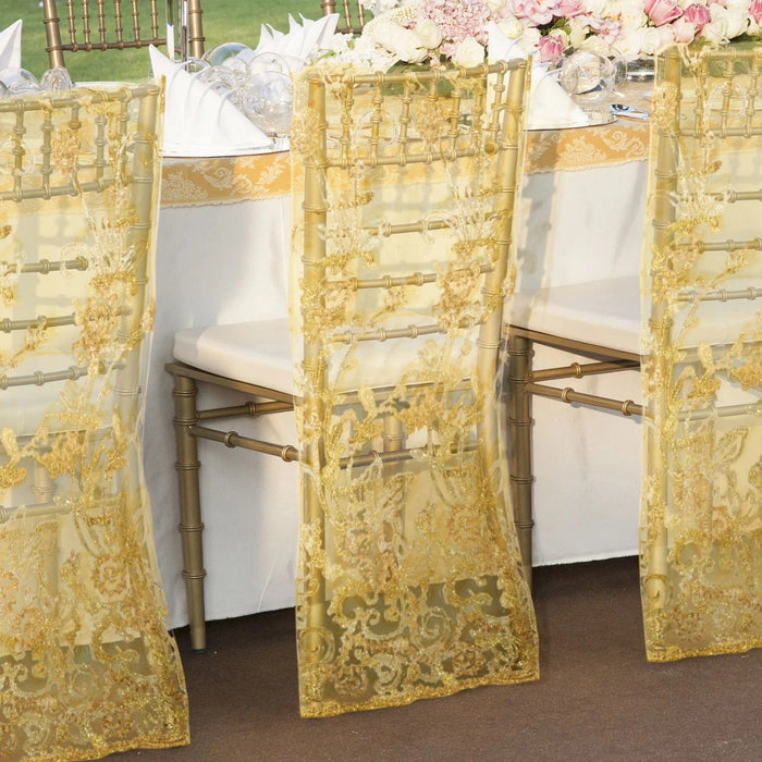 Organza Floral Sequin Embroidered Chair Slipcover - Gold