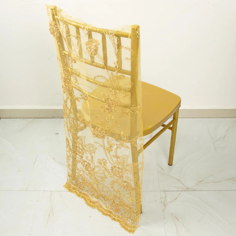 Organza Floral Sequin Embroidered Chair Slipcover - Gold