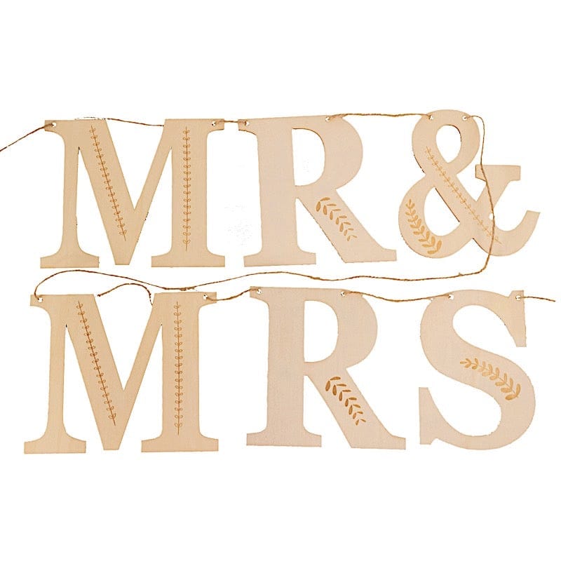 Pre-Strung Mr & Mrs Wooden Letter Garland with Botanical Design - Natural WOD_GRLD_001_MRS_NAT