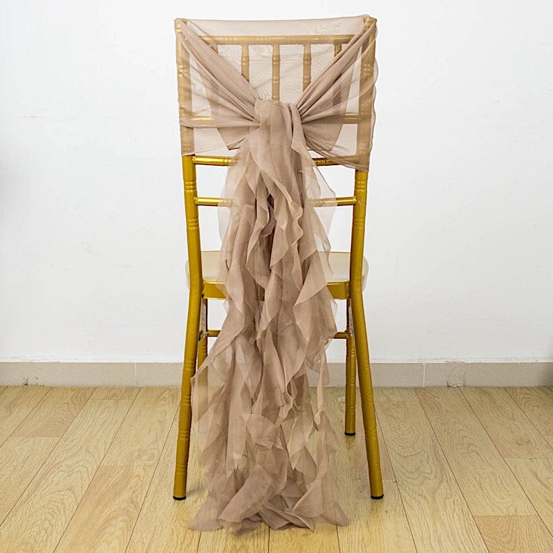 Premium Chair Cover with Curly Chiffon Ruffled Sashes SASH_2403_TAUP