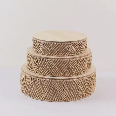 3 Pedestal Cake Stands Jute Rattan with Wooden Top Plates - Natural