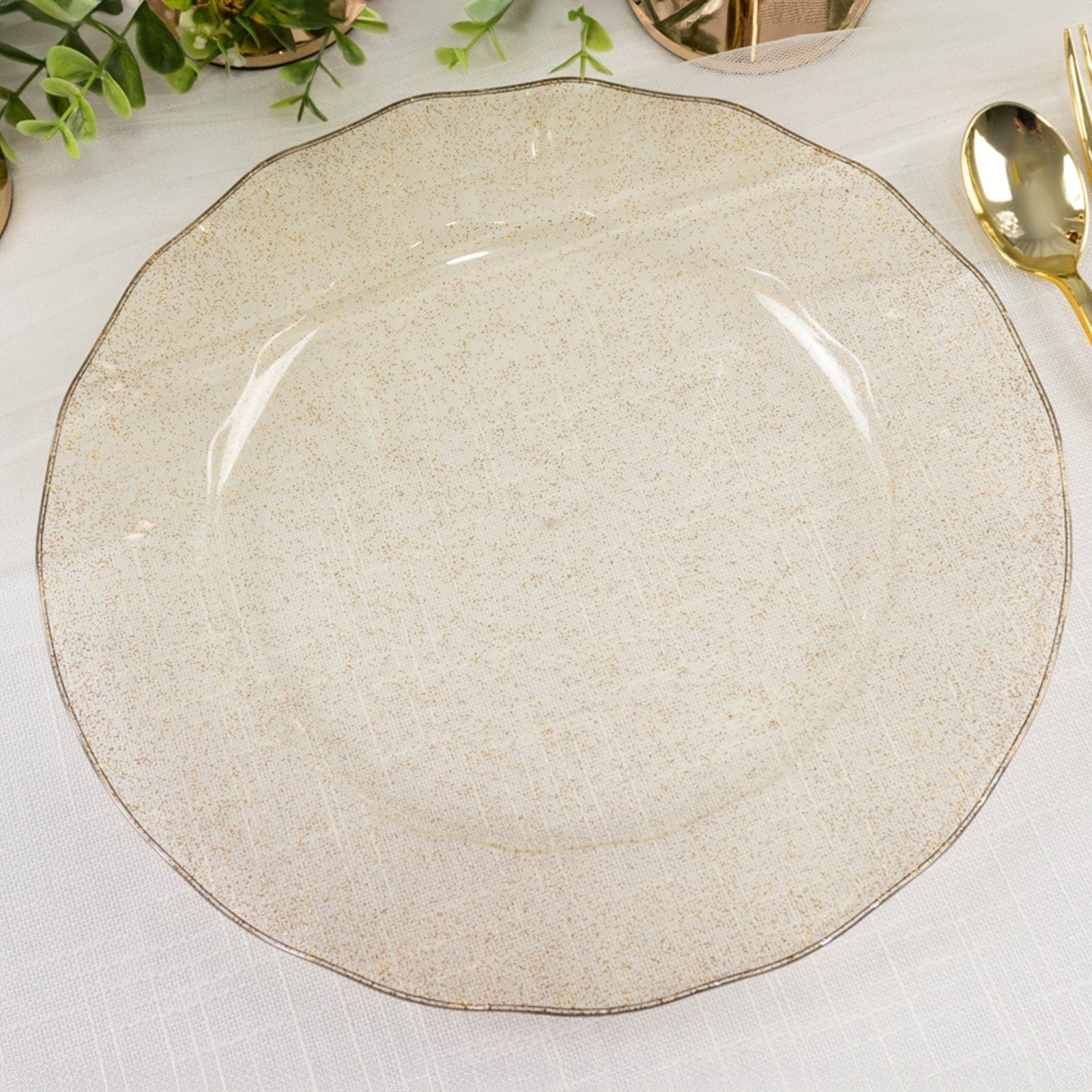 10 Round Plastic Salad Dinner Plates with Gold Wavy Rim - Disposable Tableware