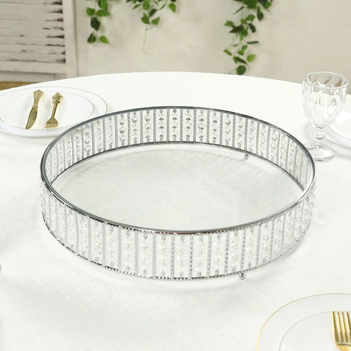 Round Metal Cake Stand with Glass Top and Hanging Crystal Beads