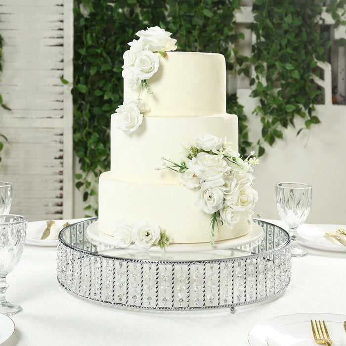Round Metal Cake Stand with Glass Top and Hanging Crystal Beads