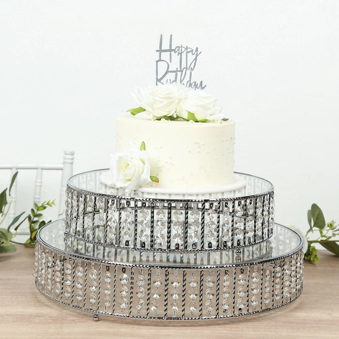 Round Metal Cake Stand with Glass Top and Hanging Crystal Beads