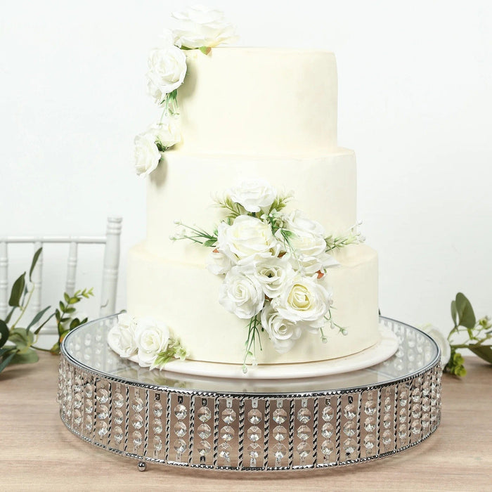 Round Metal Cake Stand with Glass Top and Hanging Crystal Beads