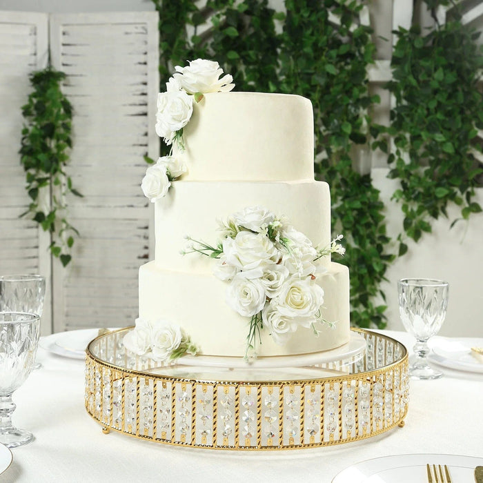Round Metal Cake Stand with Glass Top and Hanging Crystal Beads