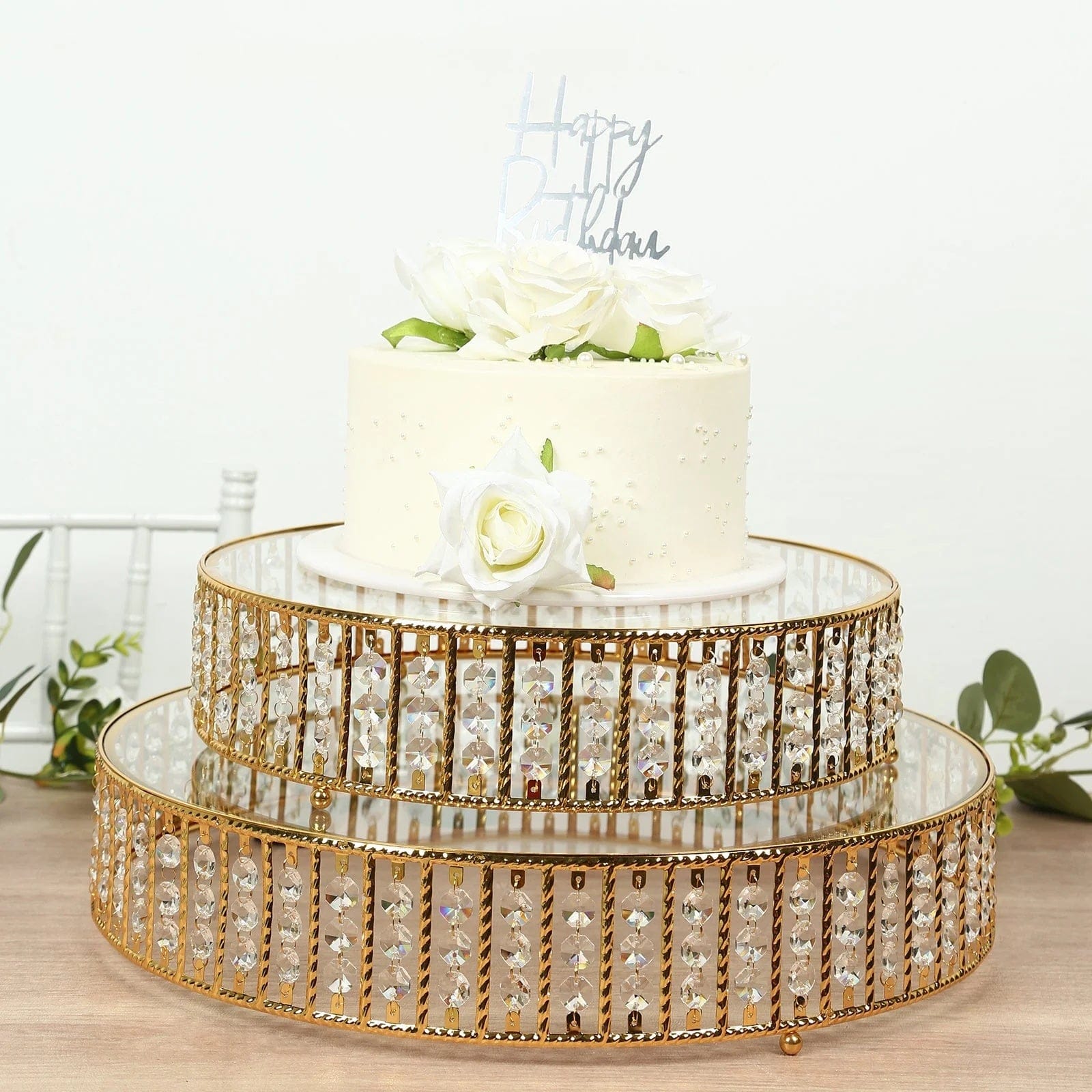 Round Metal Cake Stand with Glass Top and Hanging Crystal Beads