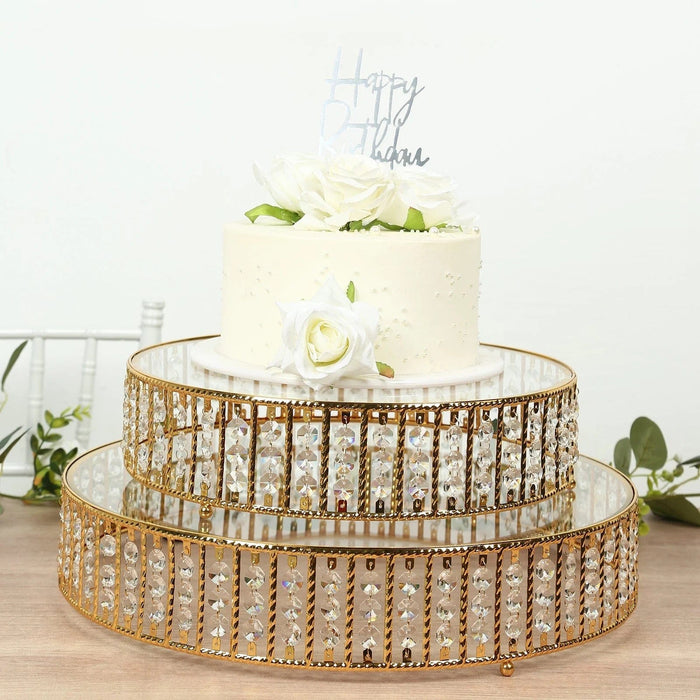 Round Metal Cake Stand with Glass Top and Hanging Crystal Beads