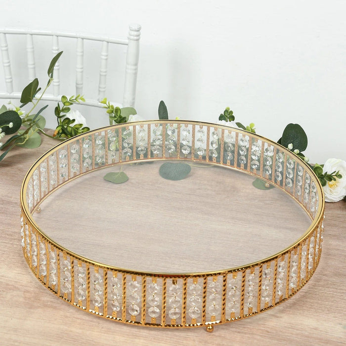 Round Metal Cake Stand with Glass Top and Hanging Crystal Beads