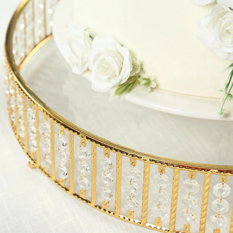 Round Metal Cake Stand with Glass Top and Hanging Crystal Beads