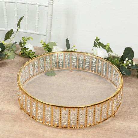 Round Metal Cake Stand with Glass Top and Hanging Crystal Beads