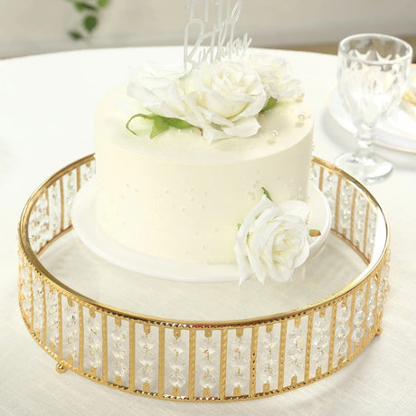Round Metal Cake Stand with Glass Top and Hanging Crystal Beads