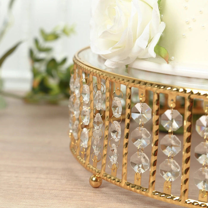 Round Metal Cake Stand with Glass Top and Hanging Crystal Beads