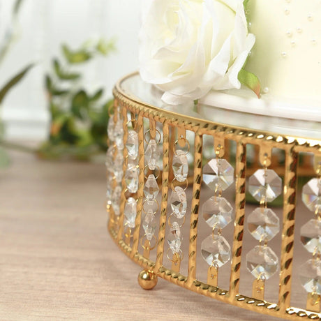 Round Metal Cake Stand with Glass Top and Hanging Crystal Beads