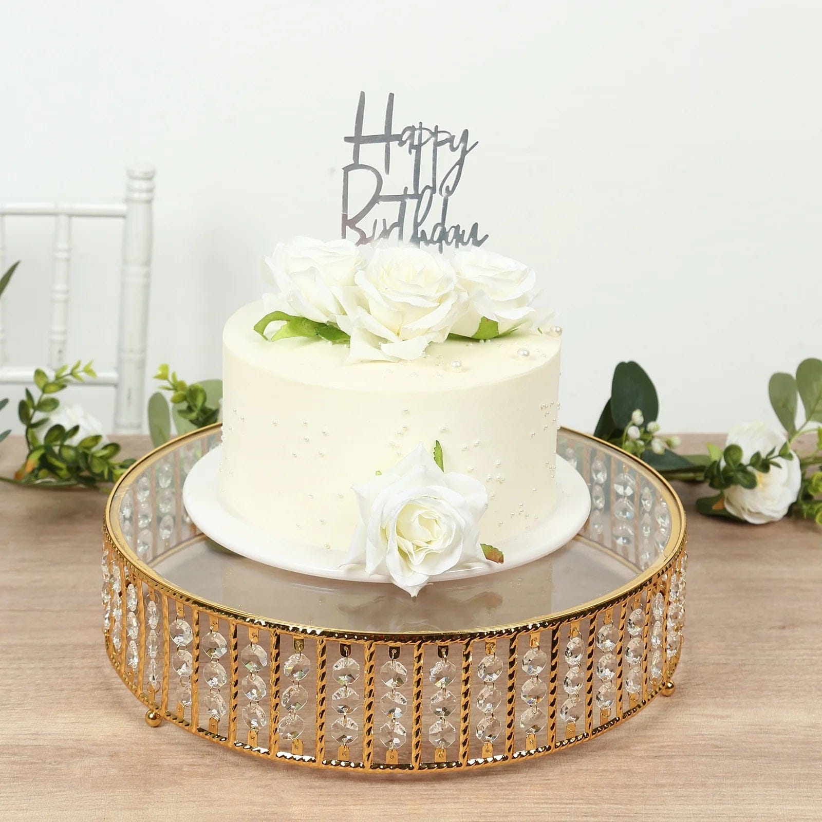 Round Metal Cake Stand with Glass Top and Hanging Crystal Beads