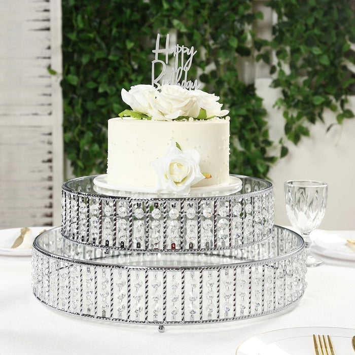 Round Metal Cake Stand with Glass Top and Hanging Crystal Beads