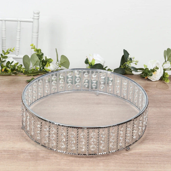 Round Metal Cake Stand with Glass Top and Hanging Crystal Beads
