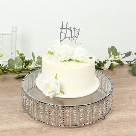 Round Metal Cake Stand with Glass Top and Hanging Crystal Beads