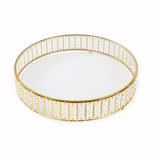 Round Metal Cake Stand with Glass Top and Hanging Crystal Beads CHDLR_CAKE28R_14_GOLD