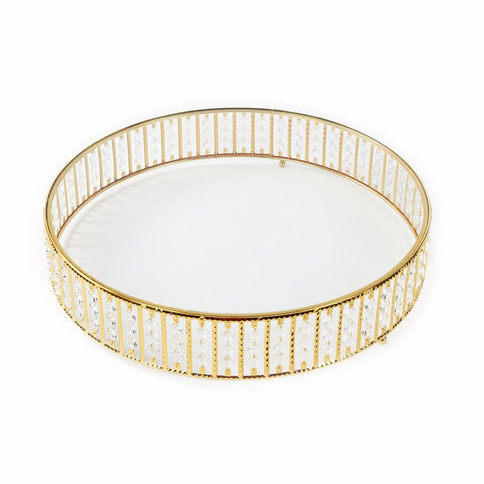 Round Metal Cake Stand with Glass Top and Hanging Crystal Beads CHDLR_CAKE28R_14_GOLD